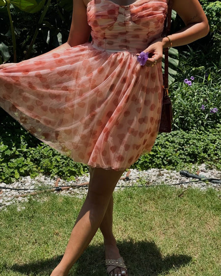 Rubert Mesh Detail Party Dress In Peach - front shot on model, pink - Miss Mosa By Akanksha