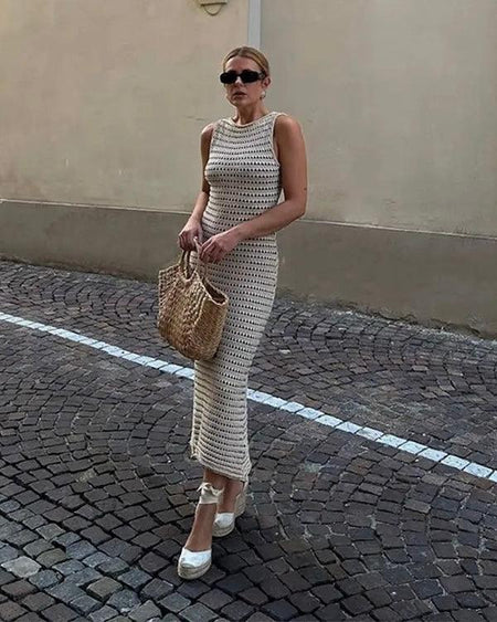 Rubeza Resortwear Soft Knit Dress In White - full-length shot on model, cream - Miss Mosa By Akanksha