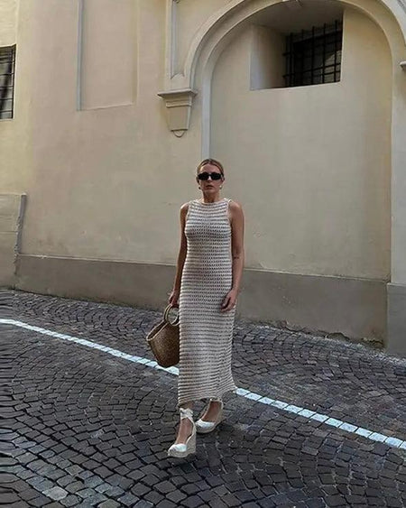 Rubeza Resortwear Soft Knit Dress In White - front shot on model, cream - Miss Mosa By Akanksha