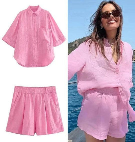 Ruby Blush Summer Coord Set In Pink - flat-lay product shot, pink - Miss Mosa By Akanksha