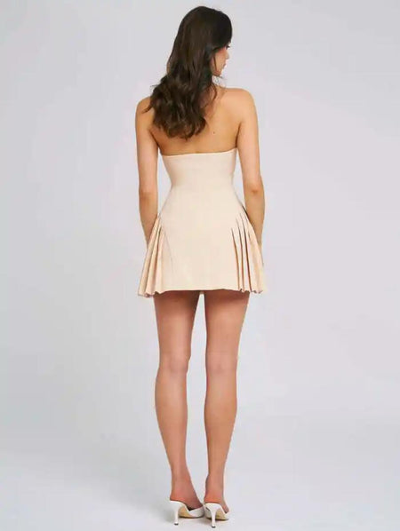 Ruby Luxe Backless Pleated Mini Dress - back shot on model, cream - Miss Mosa By Akanksha