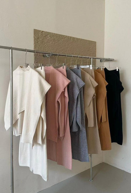 Ruby Luxe Coord with Scarf - colourway range on rail, cream, pink, grey, beige, camel and black - Miss Mosa By Akanksha