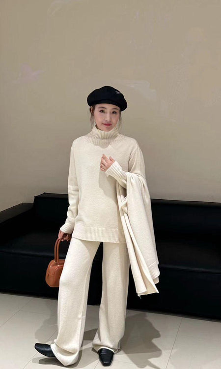 Ruby Luxe Coord with Scarf - full-length shot on model, cream - Miss Mosa By Akanksha