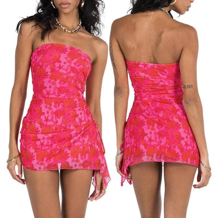 Ruby Ruched Tube Dress in Pink - styled flat-lay shot, pink - Miss Mosa By Akanksha