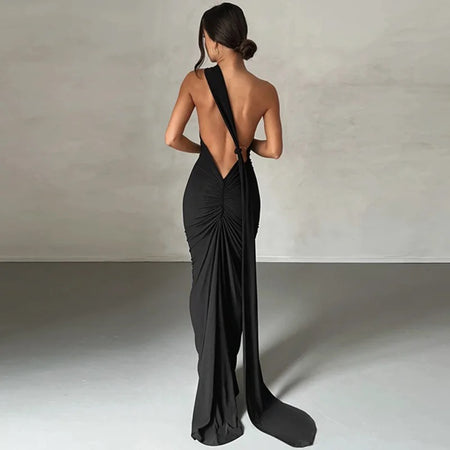 Ruby Statement Backless Maxi Dress - back shot on model, black - Miss Mosa By Akanksha