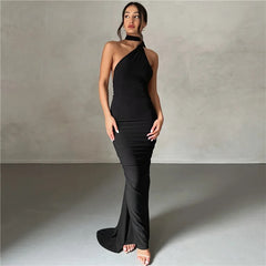Ruby Statement Backless Maxi Dress - full-length shot on model, black - Miss Mosa By Akanksha