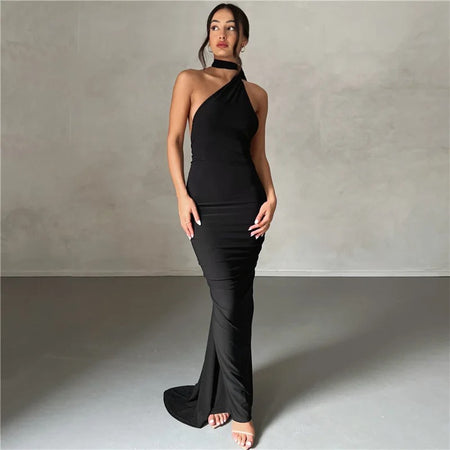 Ruby Statement Backless Maxi Dress - full-length shot on model, black - Miss Mosa By Akanksha