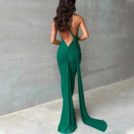 Ruby Statement Backless Maxi Dress - back shot on model, green - Miss Mosa By Akanksha