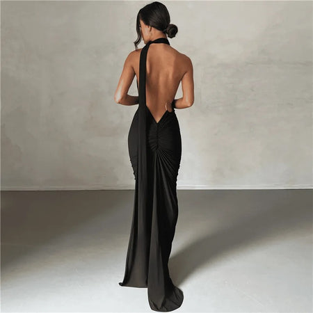 Ruby Statement Backless Maxi Dress - back shot on model, black - Miss Mosa By Akanksha