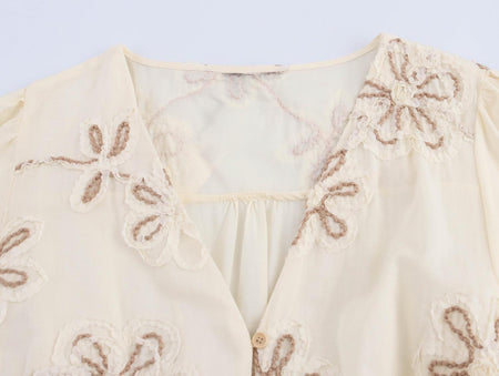Rumaya Summer Holiday Dress In Off-White - close-up of neckline embroidery - Miss Mosa By Akanksha