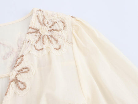 Rumaya Summer Holiday Dress In Off-White - close-up of shoulder embroidery detail - Miss Mosa By Akanksha