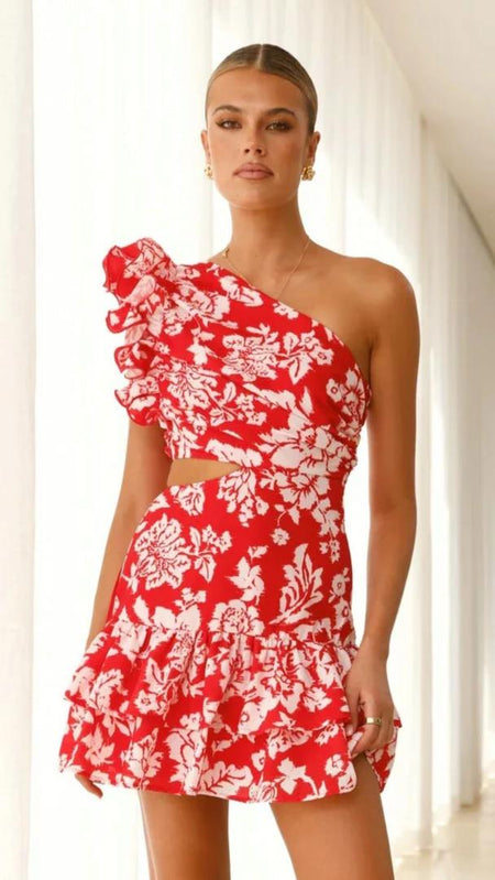 Rumena Floral One Shoulder Dress In Red - front shot on model close-up - Miss Mosa By Akanksha