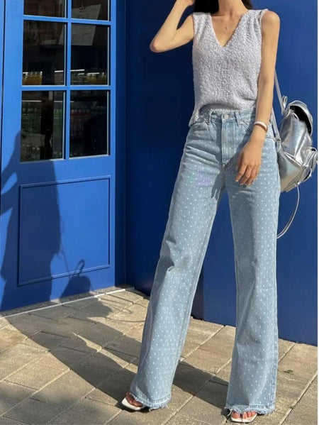 Rumi Statement Denim Jeans In Light Blue - front shot on model - Miss Mosa By Akanksha