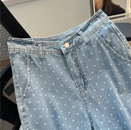 Rumi Statement Denim Jeans In Light Blue - close-up of waistband and polka dot fabric - Miss Mosa By Akanksha