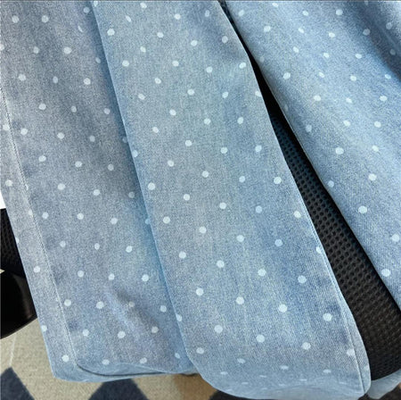 Rumi Statement Denim Jeans In Light Blue - close-up of polka dot fabric detail - Miss Mosa By Akanksha