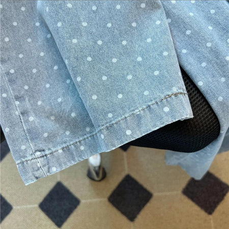 Rumi Statement Denim Jeans In Light Blue - close-up of hem and fabric detail - Miss Mosa By Akanksha