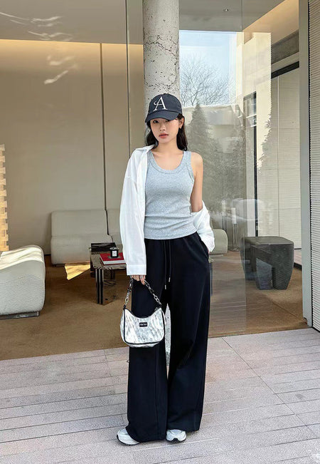 Rumi Tank Top With Inbuilt Bra In Light Grey - full-length shot on model - Miss Mosa By Akanksha