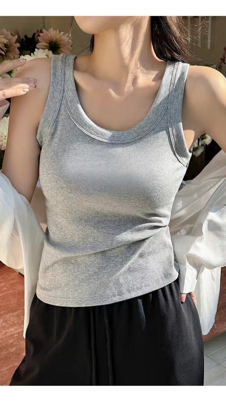 Rumi Tank Top With Inbuilt Bra In Light Grey - front shot on model - Miss Mosa By Akanksha