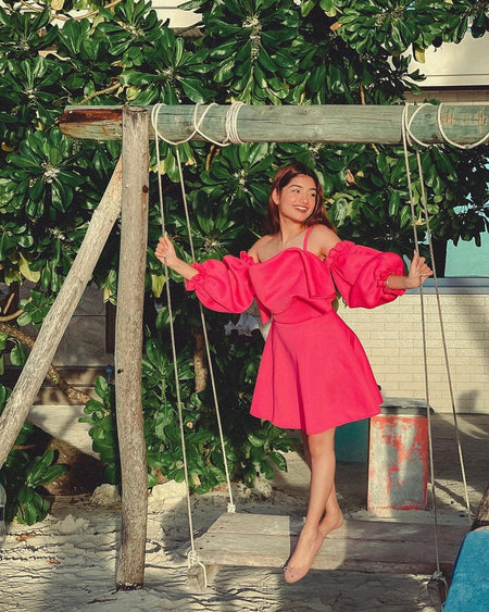 Rush Ruffled Dress In Pink - lifestyle shot on model, pink - Miss Mosa By Akanksha