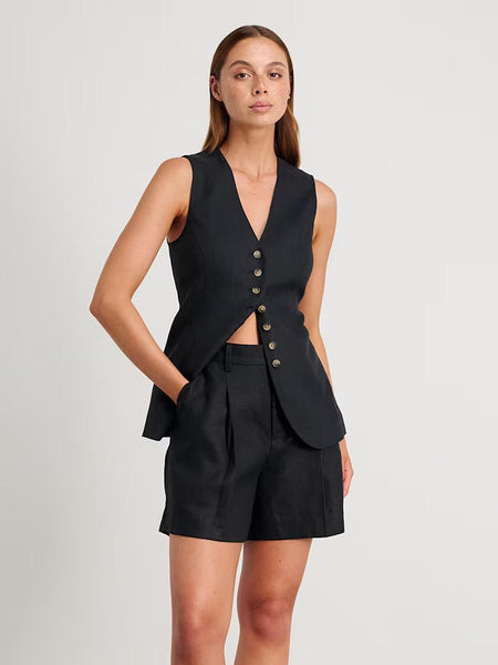 Russell Statement Linen Vest Coord Set In Black - front shot on model - Miss Mosa By Akanksha