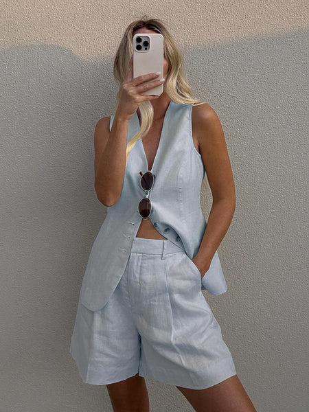 Russell Statement Linen Vest Coord Set In Blue - front shot on model - Miss Mosa By Akanksha