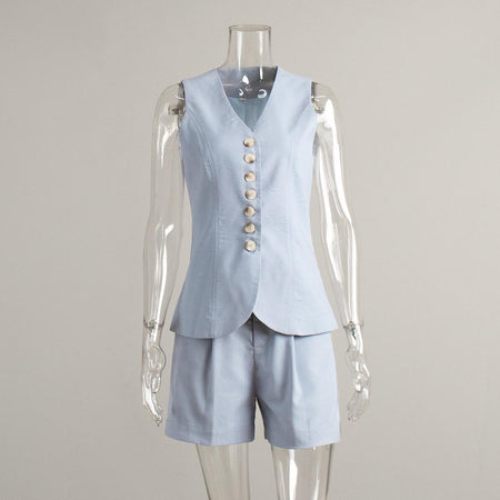 Russell Statement Linen Vest Coord Set In Blue - front shot on mannequin - Miss Mosa By Akanksha