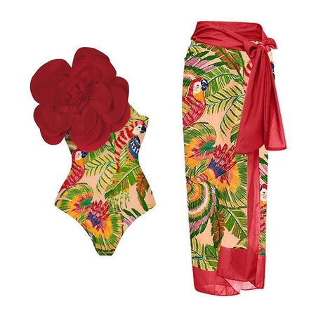 Ruther swimsuit with Sarong Skirt in Red - styled flat-lay shot, multicolour - Miss Mosa By Akanksha