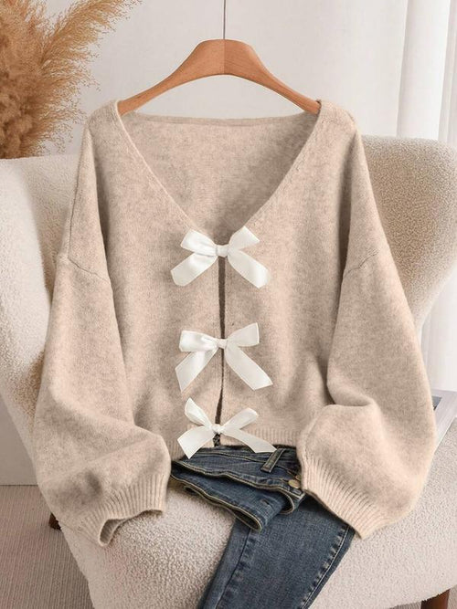 Rylee Bow Oversized Cardigan In Brown