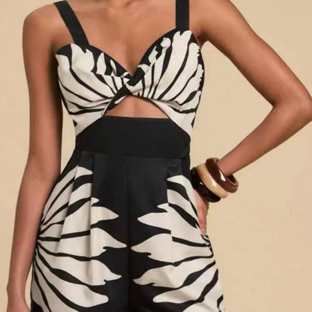 Sabella Cut-Out Romper In Black - close-up shot of bodice on model - Miss Mosa By Akanksha
