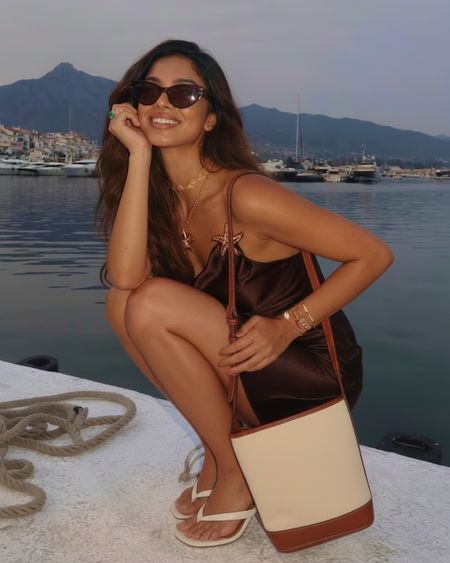 Sable Embellished Mini Dress - styled shot, brown - Miss Mosa By Akanksha
