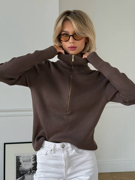Sabrina Woolen Zipper Pullover - front shot, brown - Miss Mosa By Akanksha