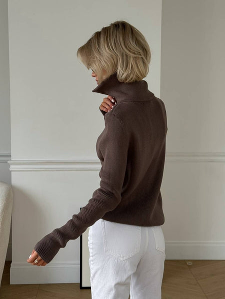 Sabrina Woolen Zipper Pullover - back shot, brown - Miss Mosa By Akanksha
