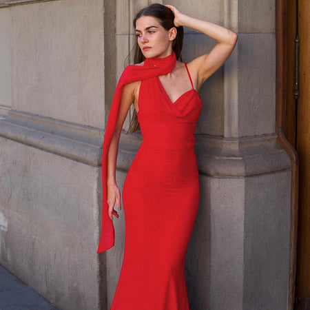 Saddle Statement Bodycon Dress With Attached Scarf In Red - front shot on model with arm raised - Miss Mosa By Akanksha