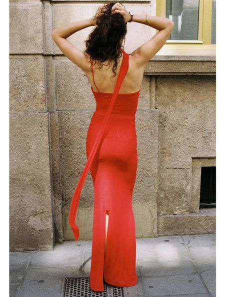 Saddle Statement Bodycon Dress With Attached Scarf In Red - back shot on model - Miss Mosa By Akanksha