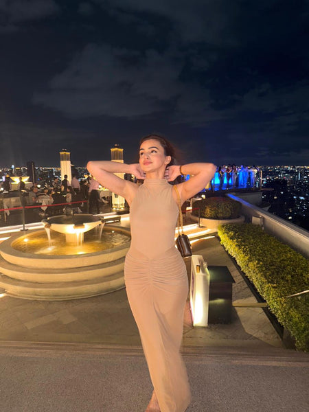Saddle Statement Bodycon Maxi Dress In Brown - full-length front shot on model - Miss Mosa By Akanksha