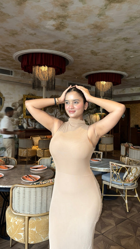 Saddle Statement Bodycon Maxi Dress In Brown - front shot on model - Miss Mosa By Akanksha
