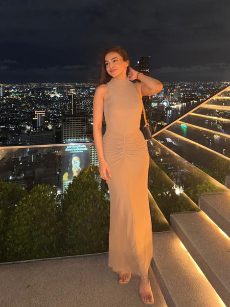Saddle Statement Bodycon Maxi Dress In Brown - front shot on model - Miss Mosa By Akanksha