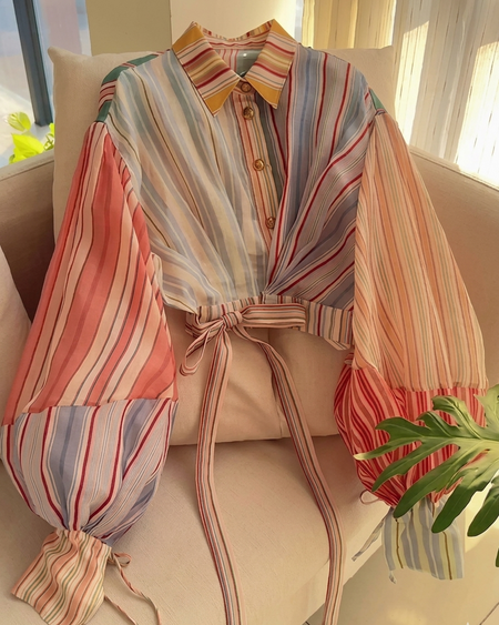 Sadie Stripe Shirt With Top - styled flat-lay shot, multicolour pastel stripe - Miss Mosa By Akanksha