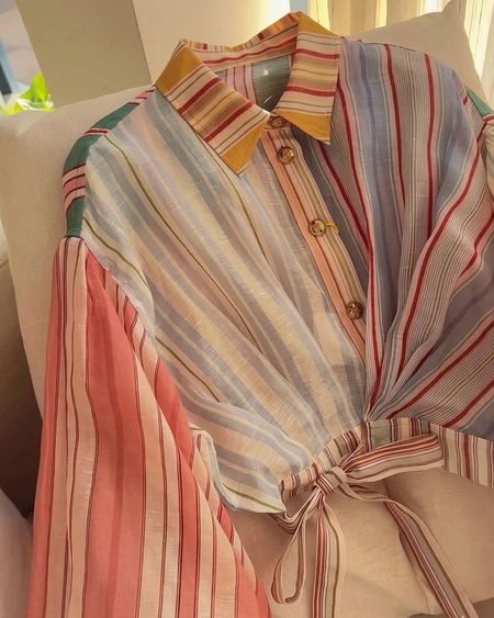 Sadie Stripe Shirt With Top - styled flat-lay detail shot, multicolour pastel stripe - Miss Mosa By Akanksha