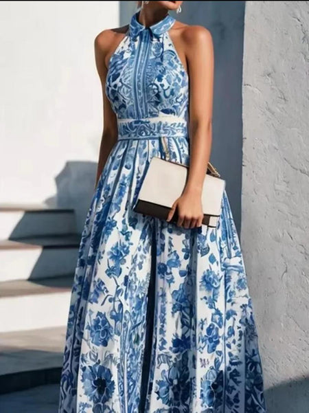 Saffron Halterneck Floral Maxi Dress In Blue - front shot on model - Miss Mosa By Akanksha