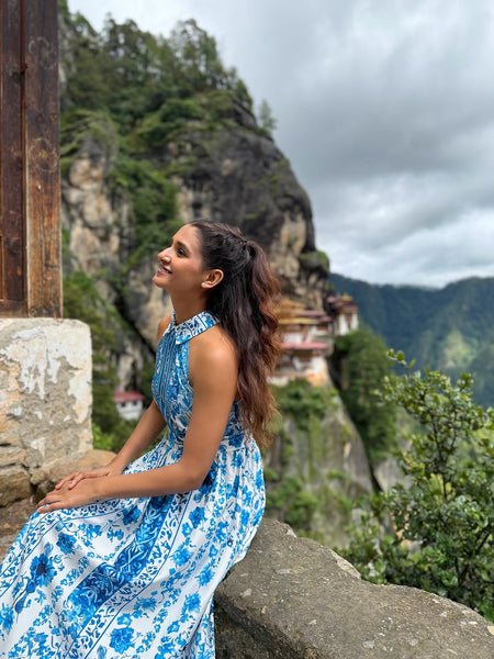Saffron Halterneck Floral Maxi Dress In Blue - side shot on model outdoors - Miss Mosa By Akanksha