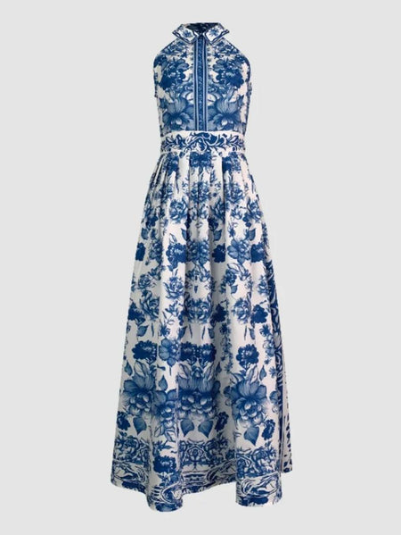 Saffron Halterneck Floral Maxi Dress In Blue - front shot on mannequin - Miss Mosa By Akanksha