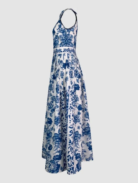 Saffron Halterneck Floral Maxi Dress In Blue - side shot on mannequin - Miss Mosa By Akanksha