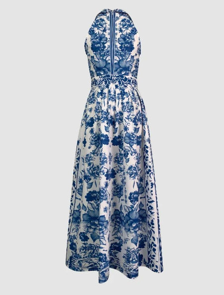 Saffron Halterneck Floral Maxi Dress In Blue - back shot on mannequin - Miss Mosa By Akanksha