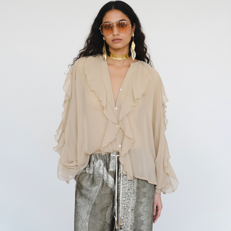 Saga Ruffled Top In Beige - front shot on model - Miss Mosa By Akanksha