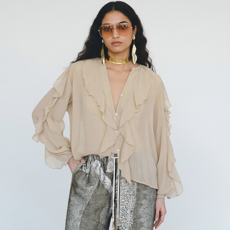 Saga Ruffled Top In Beige - front shot on model - Miss Mosa By Akanksha
