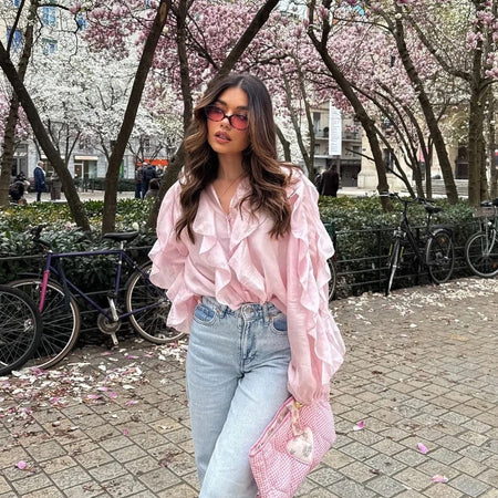 Saga Ruffled Top In Pink - front shot on model outdoors - Miss Mosa By Akanksha