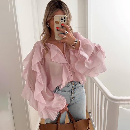 Saga Ruffled Top In Pink - front shot on model in mirror - Miss Mosa By Akanksha