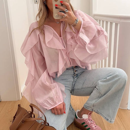 Saga Ruffled Top In Pink - seated front shot on model in mirror - Miss Mosa By Akanksha