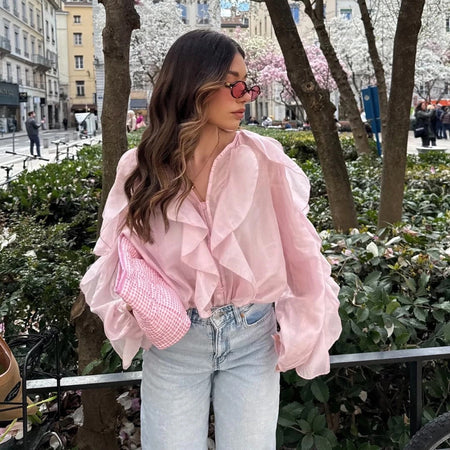 Saga Ruffled Top In Pink - side shot on model outdoors - Miss Mosa By Akanksha